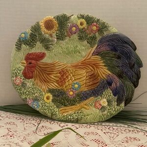 Vintage 3D Rooster Decorative Plate 11” long oval. Multicolored Farmhouse Decor